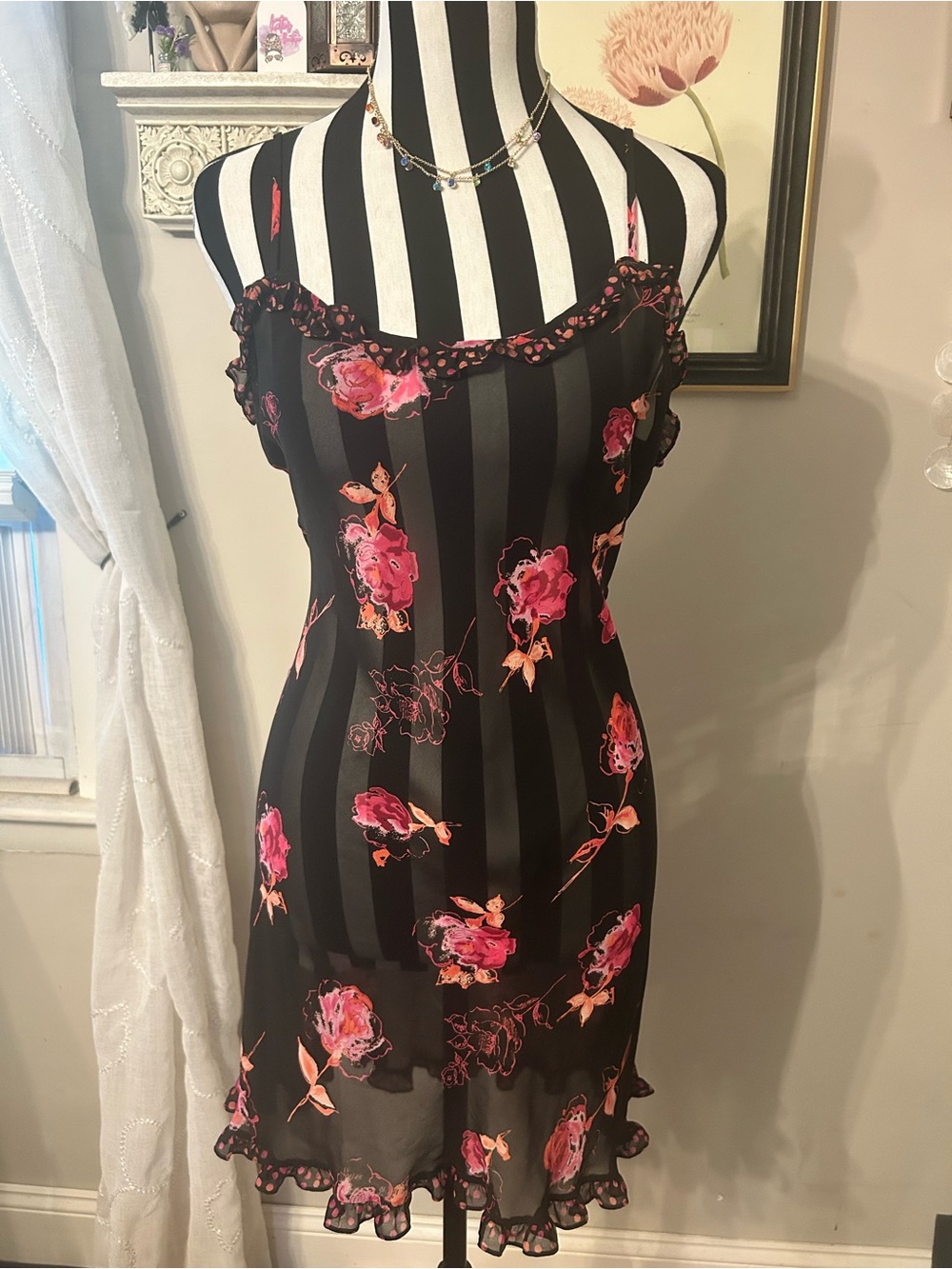 Vintage Floral Ruffle Slip Dress - Black with Pink Roses